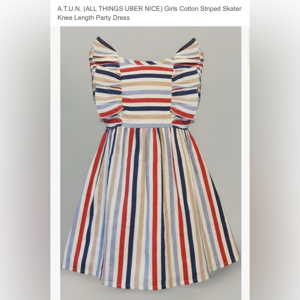 ATUN Dress Toddler Girl’s 3-4 XS Red White Blue Tan Striped Flutter New Casual